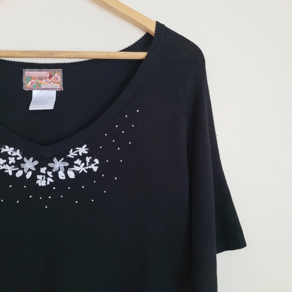 April Cornell | Black Embroidered Short Sleeve Knit Top - Picture 2 of 10